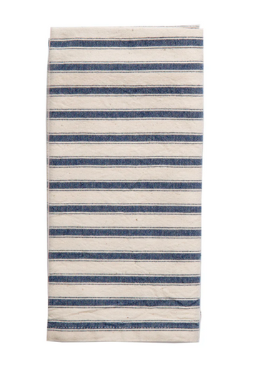 A neatly folded rectangular kitchen towel with horizontal stripes. The towel is off-white or cream-colored with thick, dark blue stripes and a thinner blue strip on either side of the tick stripes running across its width. The texture is 100% Turkish Cotton.